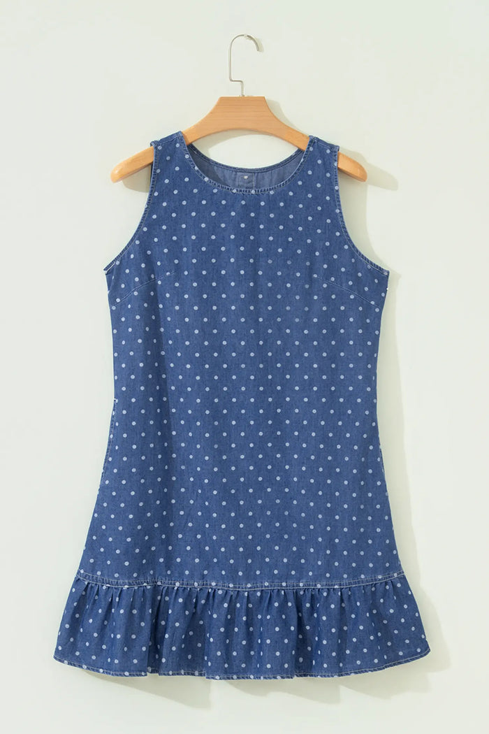 Polka Dot Ruffle Hem Sleeveless Denim Mini Dress – Blue