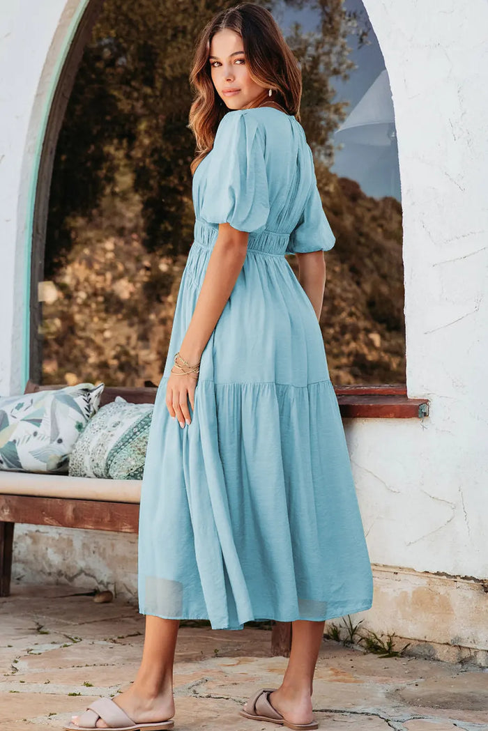 Puff Sleeve High Waist Flowy Chiffon Lined Midi Dress
