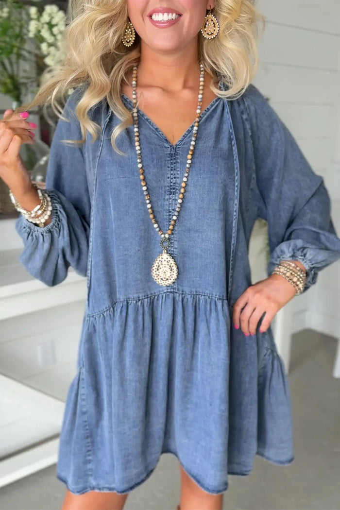 Puff Sleeve V-Neck Ruffled Loose Denim Mini Dress – Blue