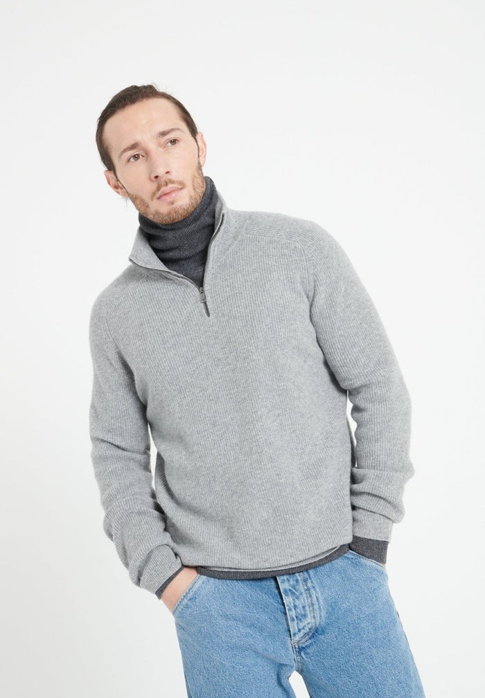 ZACH 2 Sweat col cheminé zippé en cachemire gris clair