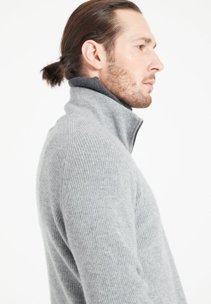 ZACH 2 Sweat col cheminé zippé en cachemire gris clair