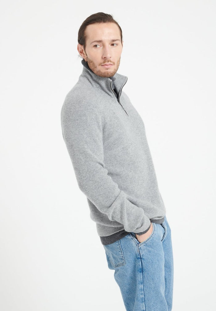 ZACH 2 Sweat col cheminé zippé en cachemire gris clair