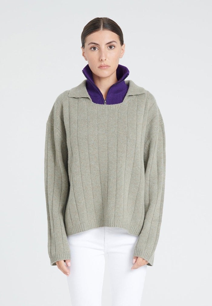 ZAYA 17 Pull col claudine en cachemire 6 fils kaki taupe chiné