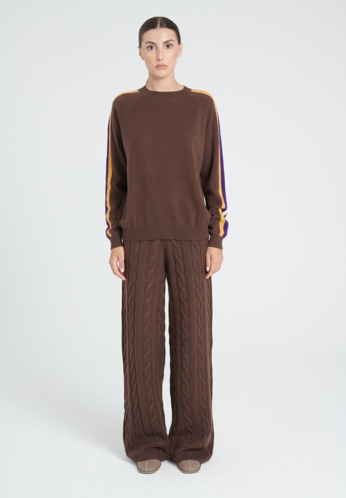 ZAYA 19 Pull col rond avec bande de couleurs sur les manches en cachemire marron
