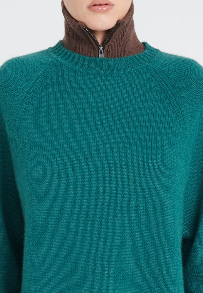 ZAYA 7 Pull col rond à manches raglans en cachemire 6 fils vert foncé