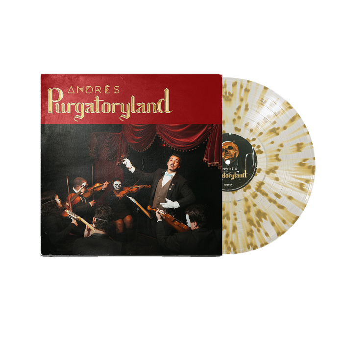 The Andrés Purgatoryland album cover features a conductor with a masked string quartet, alongside a limited edition white and brown splatter vinyl from Andrés next to vivid album artwork.