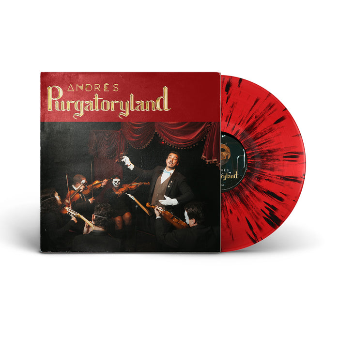 A limited edition red and black splatter vinyl by Andrés is partially pulled from the "Purgatoryland" album cover, which depicts a conductor leading a white-painted string quartet in a dramatic, theatrical scene.