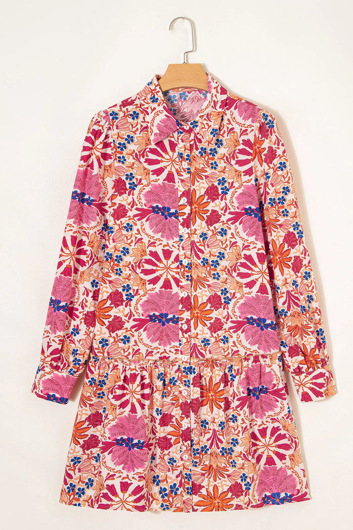 Red Fall Flower Print Long Sleeve Mini Dress