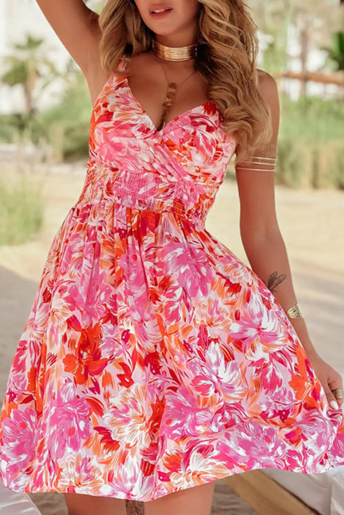 Red Floral Spaghetti Strap Surplice Neck Shirred Waist Mini Dress - S / 100% Viscose - Dresses/Mini Dresses