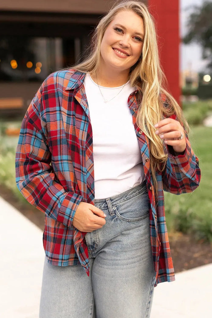 Shop Red Plus Size Plaid Print Buttoned Shirt at eAura