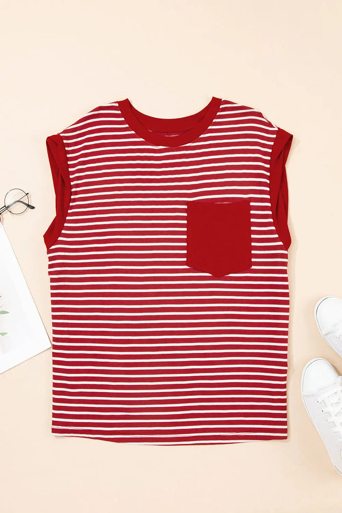 Red Stripe Chest Pocket Patch Round Neck Tank Top - Tops/Tank Tops