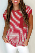 Red Stripe Chest Pocket Patch Round Neck Tank Top - S / 50% Viscose + 45% Polyester + 5% Elastane - Tops/Tank Tops