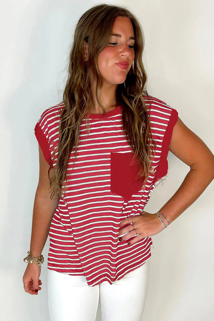 Red Stripe Chest Pocket Patch Round Neck Tank Top - Tops/Tank Tops