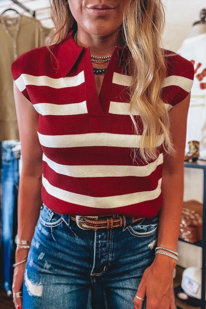Red Stripe Collared Split Neck Sleeveless Sweater - Sweaters & Cardigans/Short Sleeve