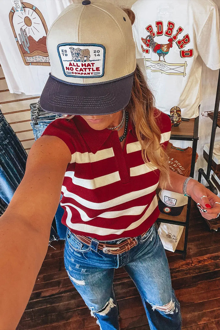Red Stripe Collared Split Neck Sleeveless Sweater - Sweaters & Cardigans/Short Sleeve