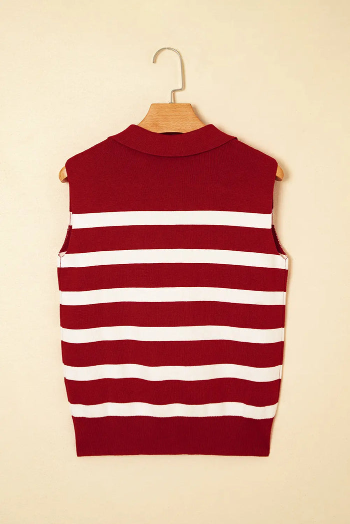 Red Stripe Collared Split Neck Sleeveless Sweater - Sweaters & Cardigans/Short Sleeve