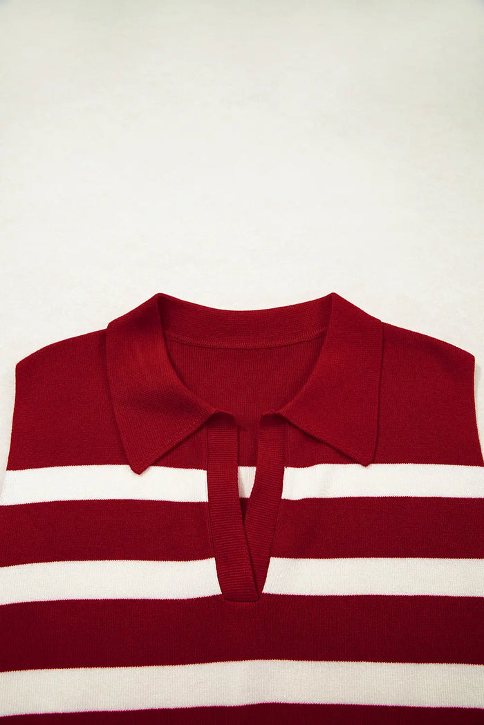 Red Stripe Collared Split Neck Sleeveless Sweater - Sweaters & Cardigans/Short Sleeve