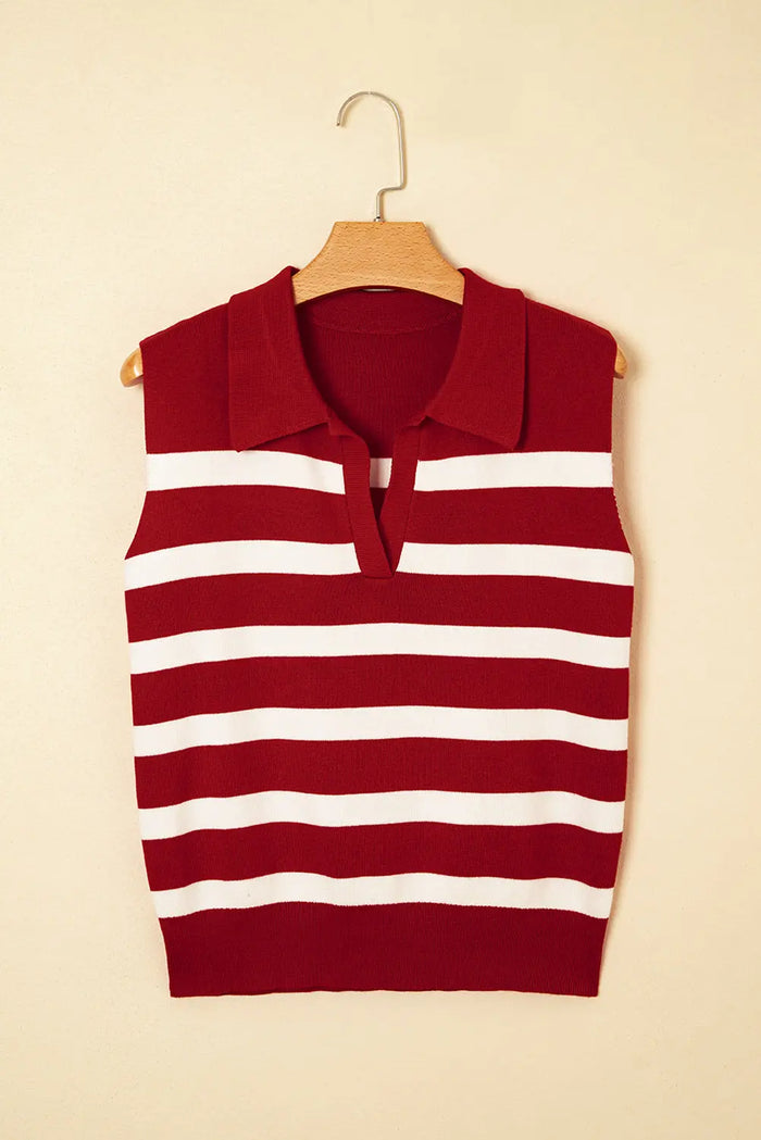 Red Stripe Collared Split Neck Sweater Vest - S - Sweaters & Cardigans/Sweater Vests
