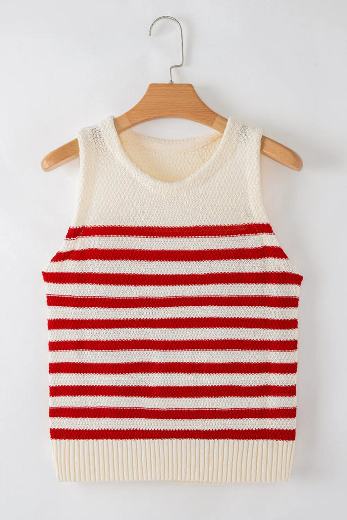 Red Stripe Textured Knit Ribbed Hem Sweater Sleeveless Top - Sweaters & Cardigans/Sweater Vests