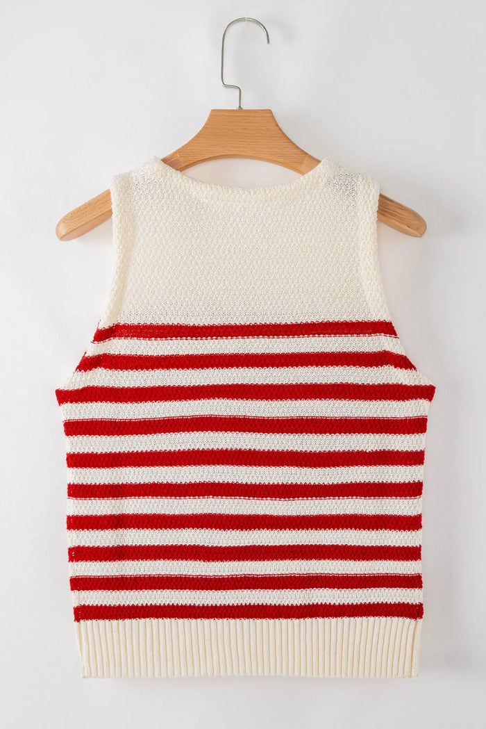 Red Stripe Textured Knit Ribbed Hem Sweater Sleeveless Top - Sweaters & Cardigans/Sweater Vests