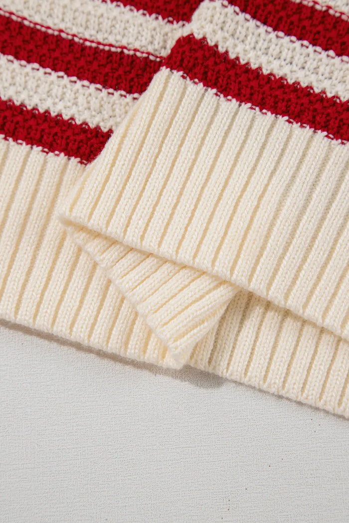 Red Stripe Textured Knit Ribbed Hem Sweater Sleeveless Top - Sweaters & Cardigans/Sweater Vests