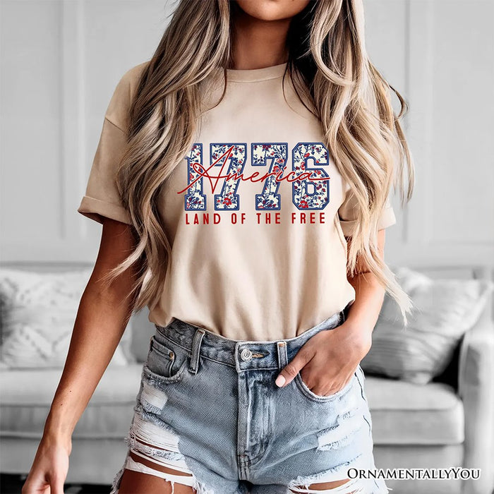 Retro America 1776 Floral T-Shirt, Land of the Free Patriotic Tee T-Shirts OrnamentallyYou