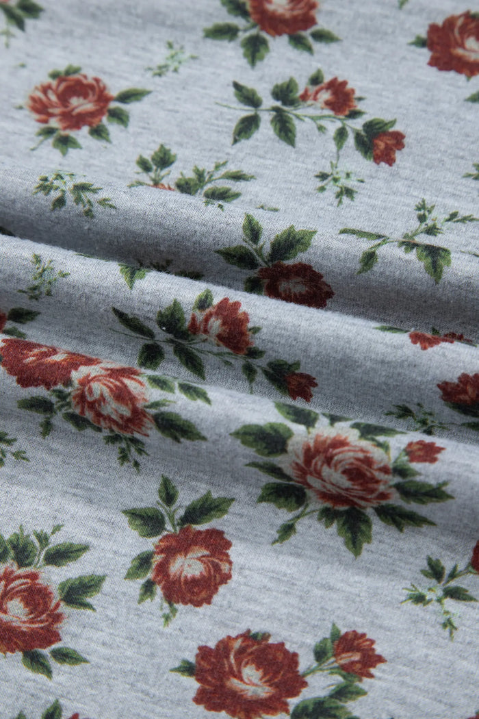 Retro Floral Print Denim Patchwork Plus Size Polo Tee