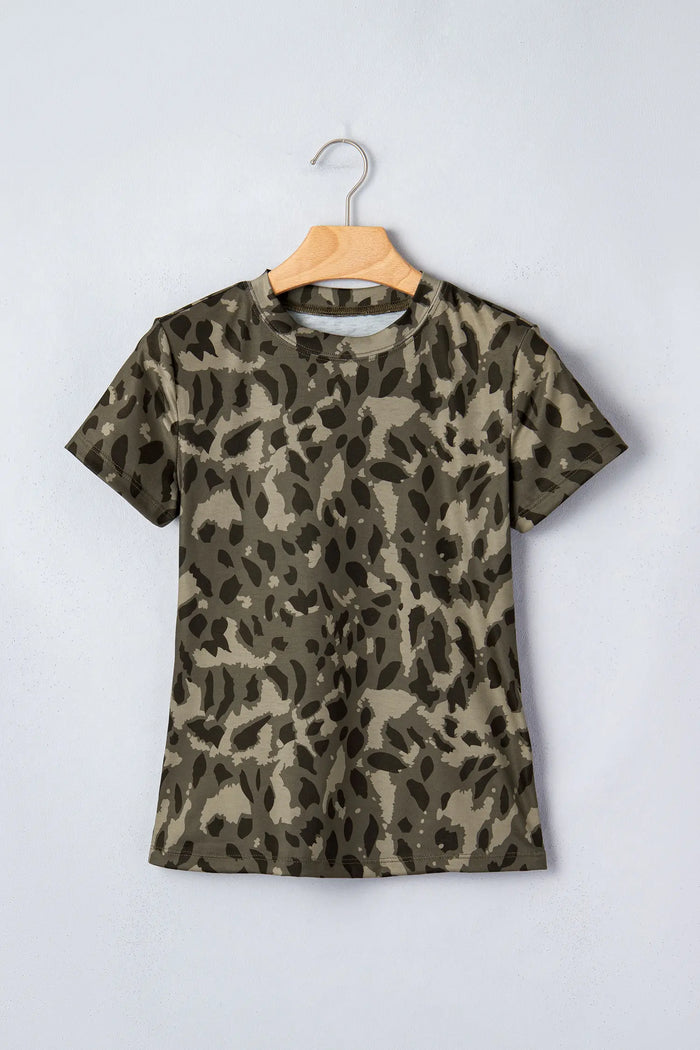 Retro Leopard Print Mock Neck Slim Tee – Brown