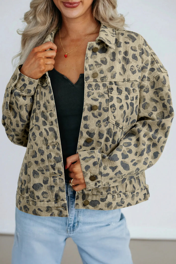 Retro Leopard Print Seam Detail Button Down Denim Jacket – Khaki