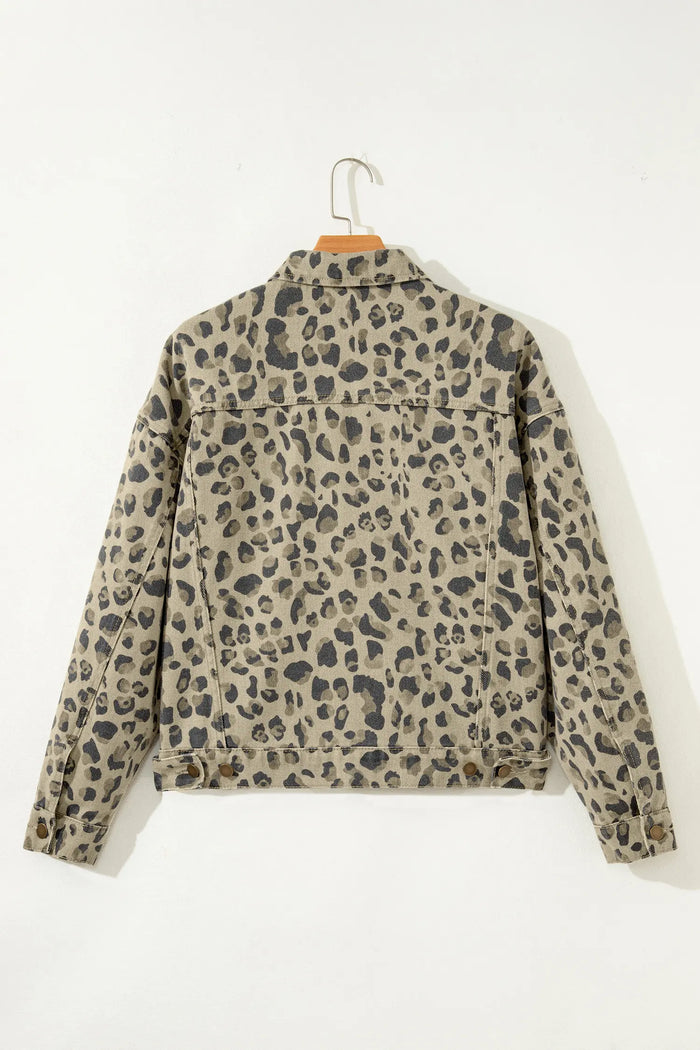 Retro Leopard Print Seam Detail Button Down Denim Jacket – Khaki