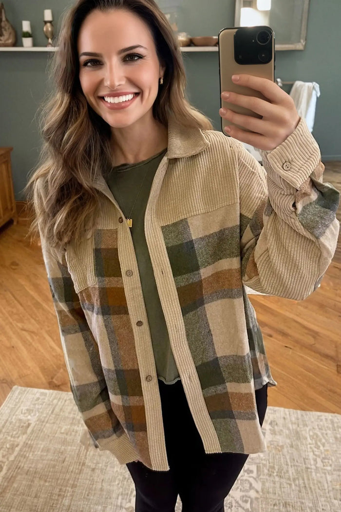 Retro Plaid Corduroy Patchwork Shacket – Parchment