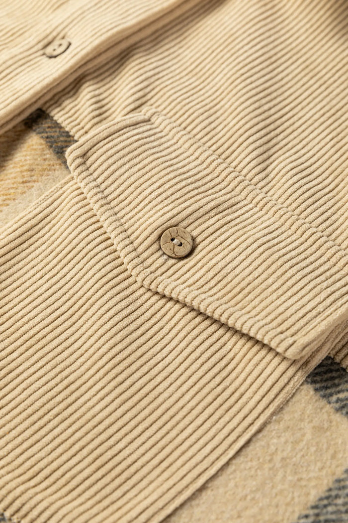 Retro Plaid Corduroy Patchwork Shacket – Parchment