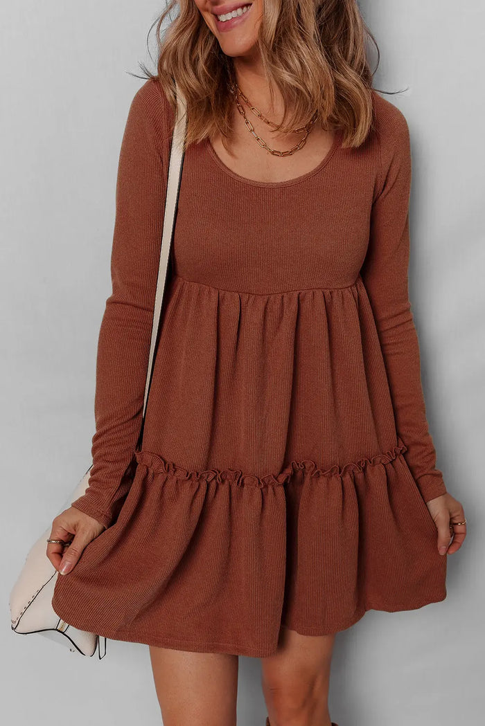 Rib Long Sleeve Mini Dress - Brown / S - Dresses/Mini Dresses