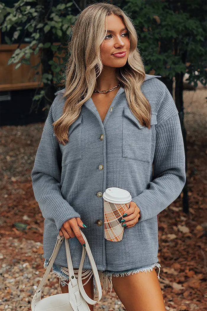 Ribbed Knit Buttons Front Flap Pocket Casual Shacket – Medium Grey
