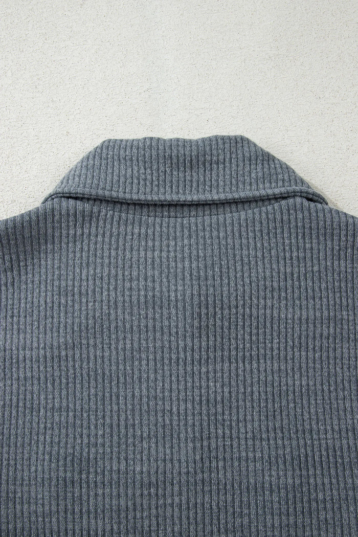 Ribbed Knit Buttons Front Flap Pocket Casual Shacket – Medium Grey
