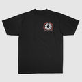 Black t-shirt by Johnny Booth, made from Comfort Colors fabric, featuring a small metallic-look circle graphic on the left chest with JOHNNY BOOTH in red above and white text below—a must-have for printed apparel fans.