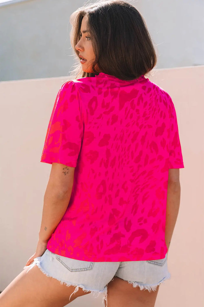 Rose Leopard Frilly V Neck Short Sleeve Blouse - Tops/Blouses & Shirts