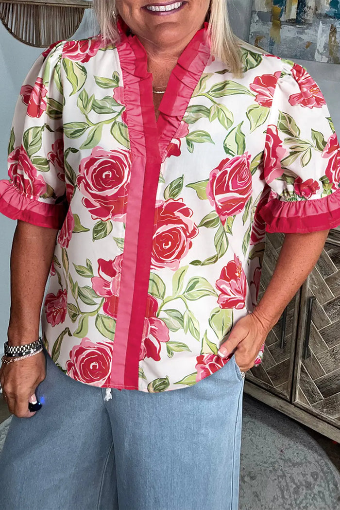 Rose Plus Size Floral Print Frilled Stripes Detail Short Sleeve Blouse - Size/Plus Tops/Plus Blouses & Shirts