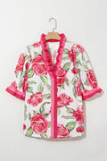 Rose Plus Size Floral Print Frilled Stripes Detail Short Sleeve Blouse - 1X - Size/Plus Tops/Plus Blouses & Shirts