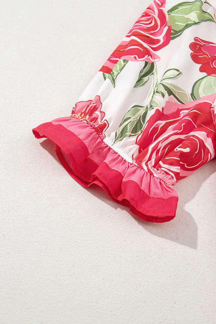 Rose Plus Size Floral Print Frilled Stripes Detail Short Sleeve Blouse - Size/Plus Tops/Plus Blouses & Shirts