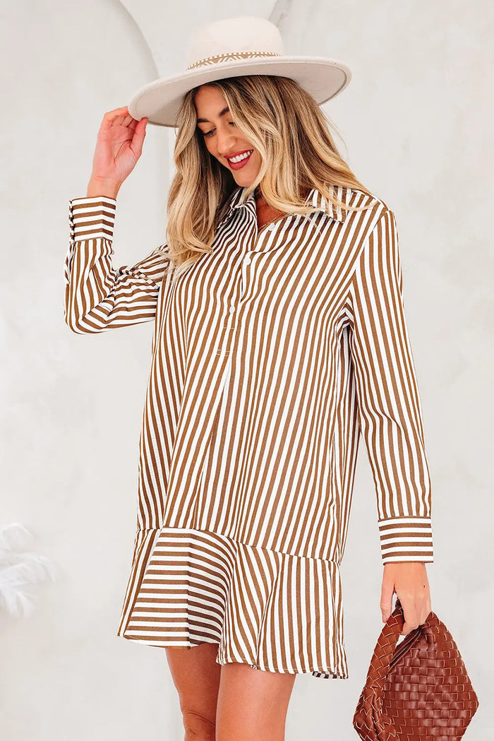Ruffled Hem Collared Long Sleeve Shirt Mini Dress - Dresses/Mini Dresses