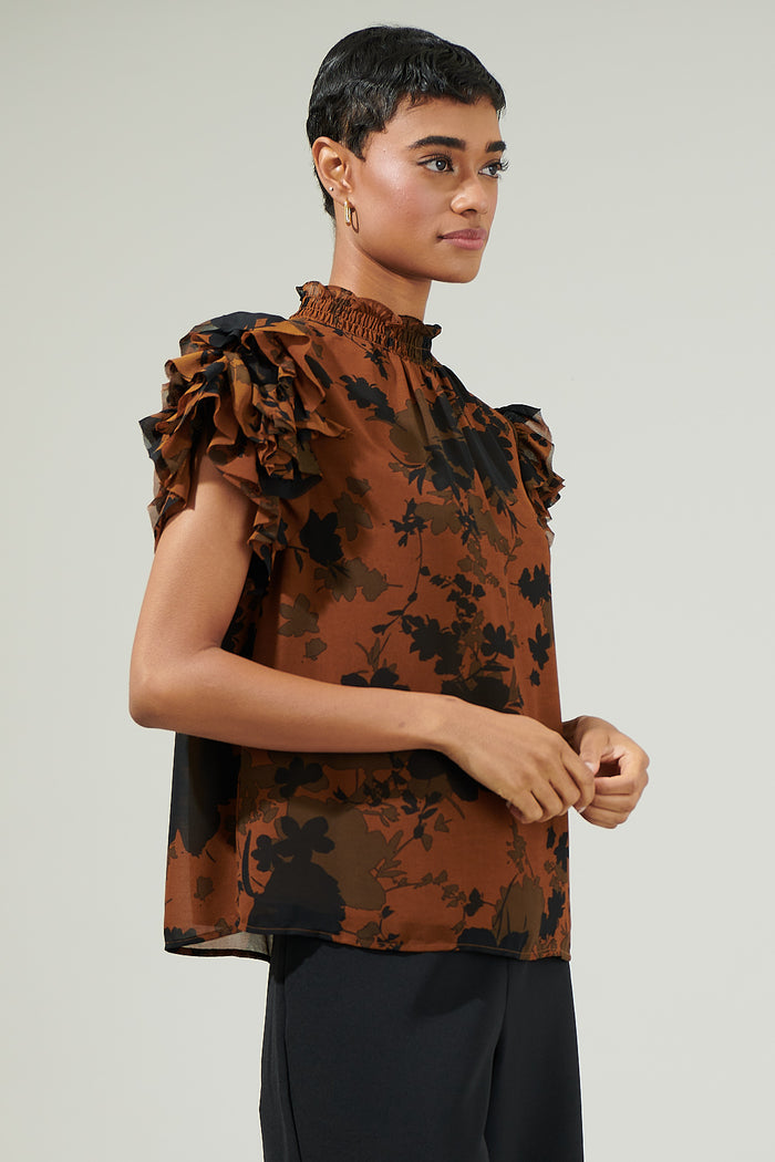 Sandy Floral Brenna Mock Neck Ruffle Blouse