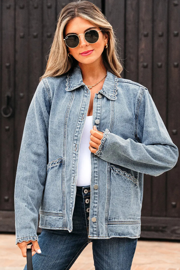 Scallop Trim Collar Patched Pocket Button Up Mineral Washed Denim Jacket – Myosotis