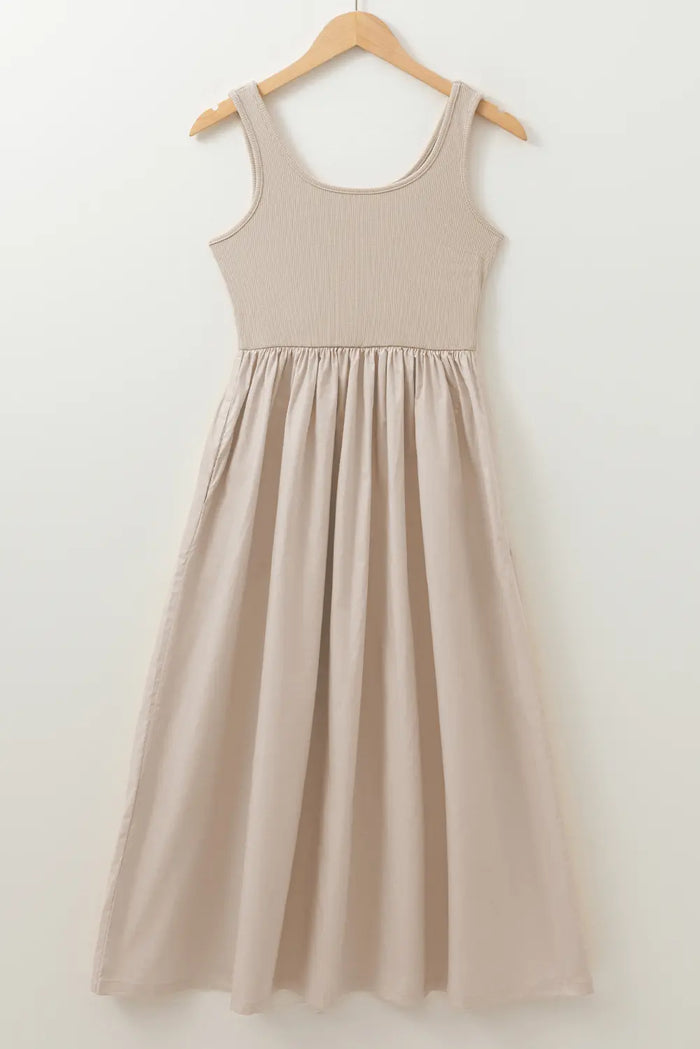 Scoop Neck Ribbed Pleated Sleeveless Midi Dress
