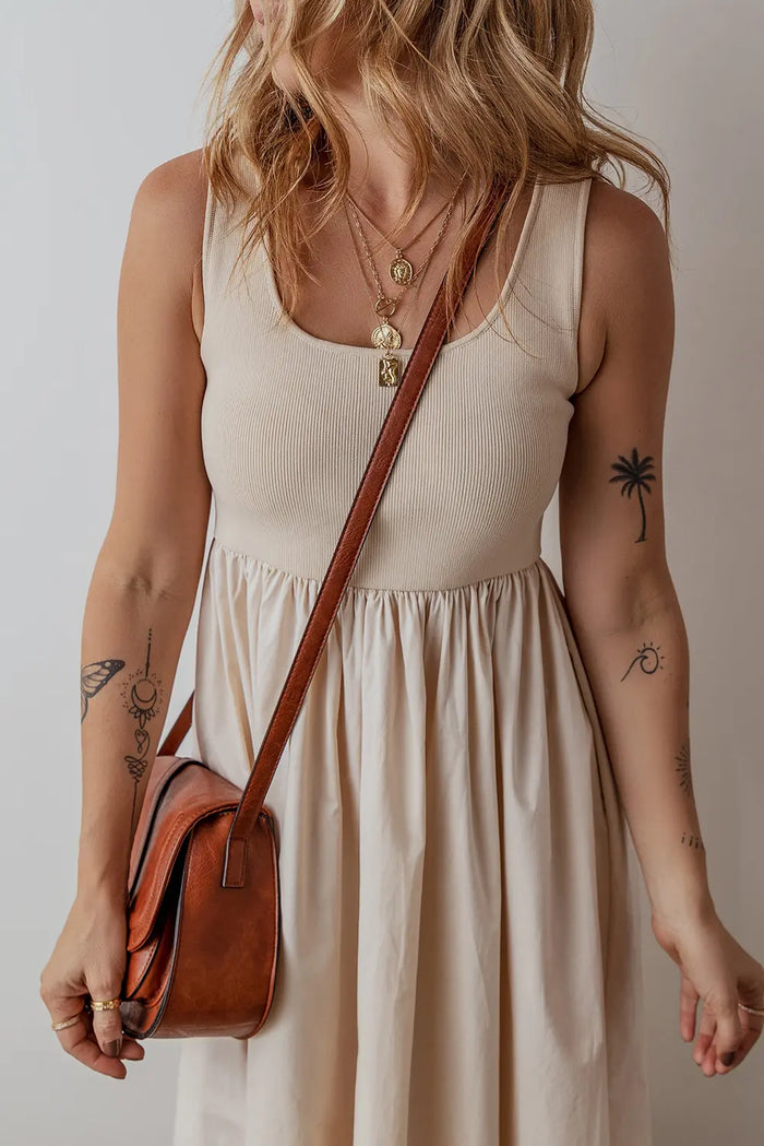 Scoop Neck Ribbed Pleated Sleeveless Midi Dress