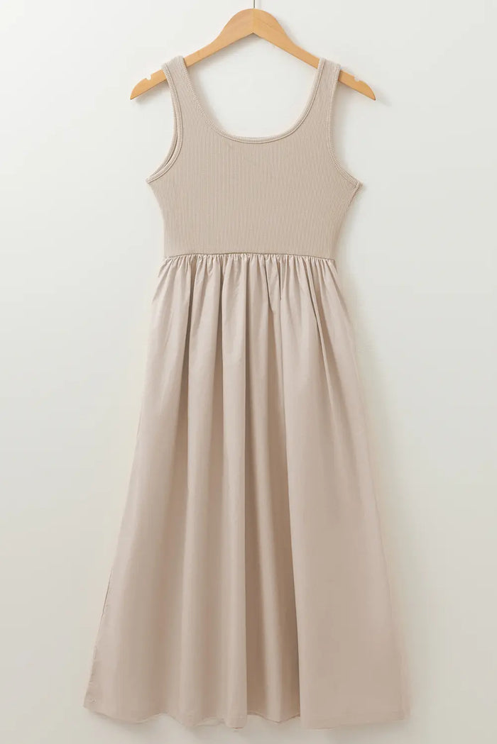 Scoop Neck Ribbed Pleated Sleeveless Midi Dress