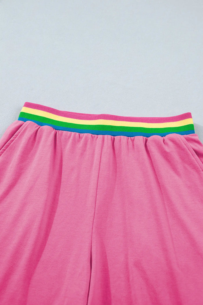 Seam Detail Raw Edge Tee Rainbow Waistband Casual Short Set