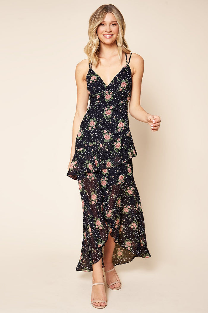Secret Romance Floral Print Ruffled High-Low Maxi Dress