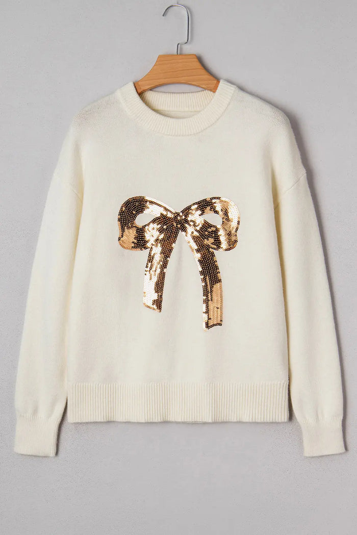 Sequinned Bow Graphic Christmas Holiday Sweater - White / S - Sweaters & Cardigans/Sweaters