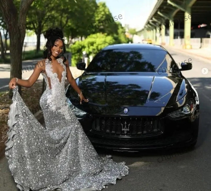 Sexy Diamond Silver Mermaid Prom Formal Dress Black Girl Sparkly